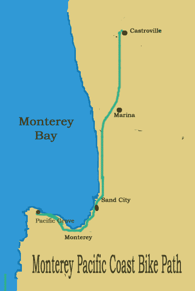 A map showing the cities that the bikepath runs through.  Castroville, Marina, Sand City, Monterey and Pacific Grove